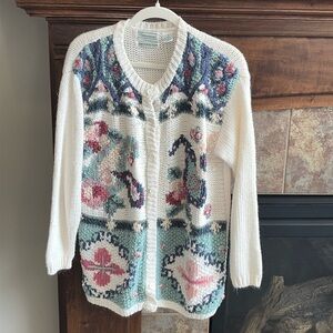 Handknit grandma granny cardigan “ugly” sweater white/ pastels size Small